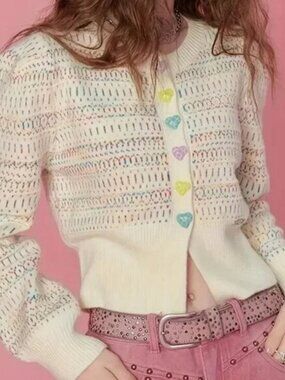 Cream Beige Love Heart Colorful Button Cardigan Sweater